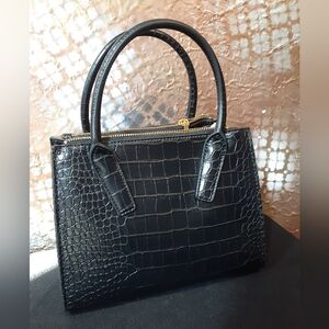 Zara Nwot Classic Black Faux Leather Croc-Embossed Top-Handle Bag